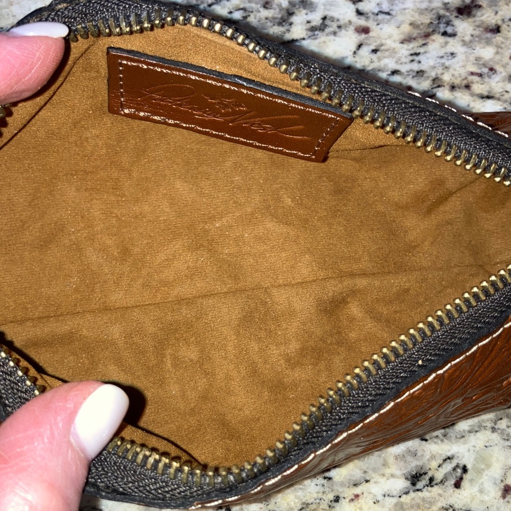 Patricia Nash Cognac Barrel Cosmetic Bag Embossed Leather Wristlet Pouch Zipper - Picture 7 of 16